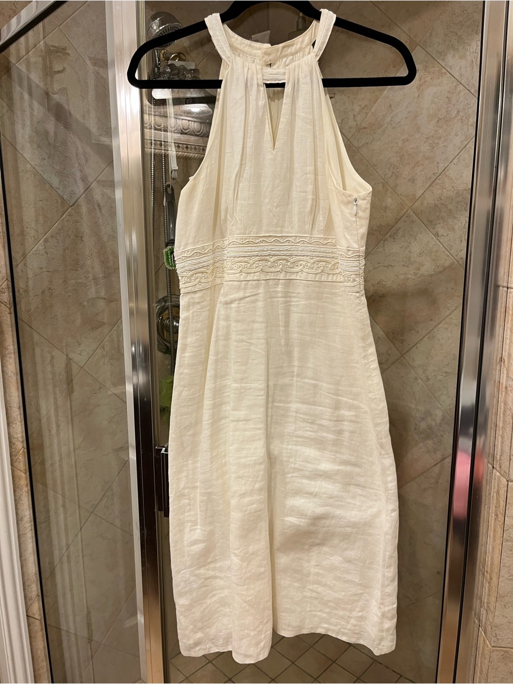 Ann Taylor Ivory Halter Dress with Beaded Waist Detail